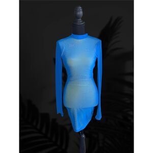 Divided H&M Vibrant Blue Mesh Sleeve Mock Neck Bodycon Mini Dress Open Back XS